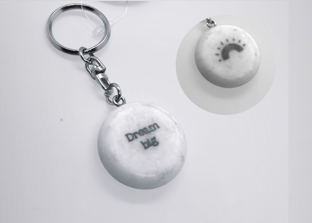 Pebble keyring  Natural marble white complete with an inspiring quote