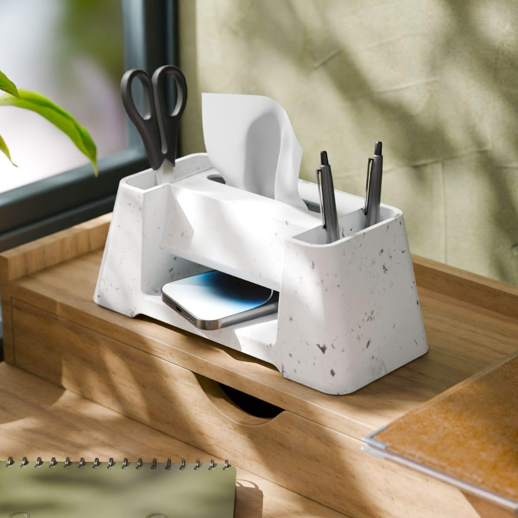 Desk Organizer with Self-Watering Plant Pot & Phone Holder, White