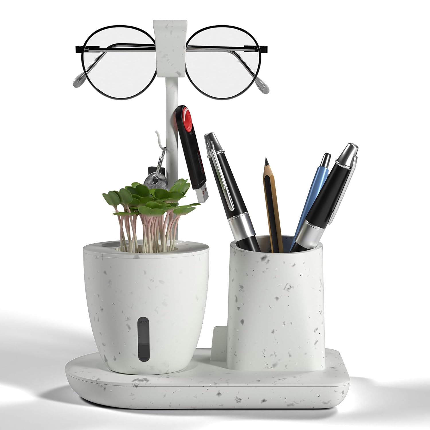 Desk Organizer with Self-Watering Plant Pot & Phone Holder, White