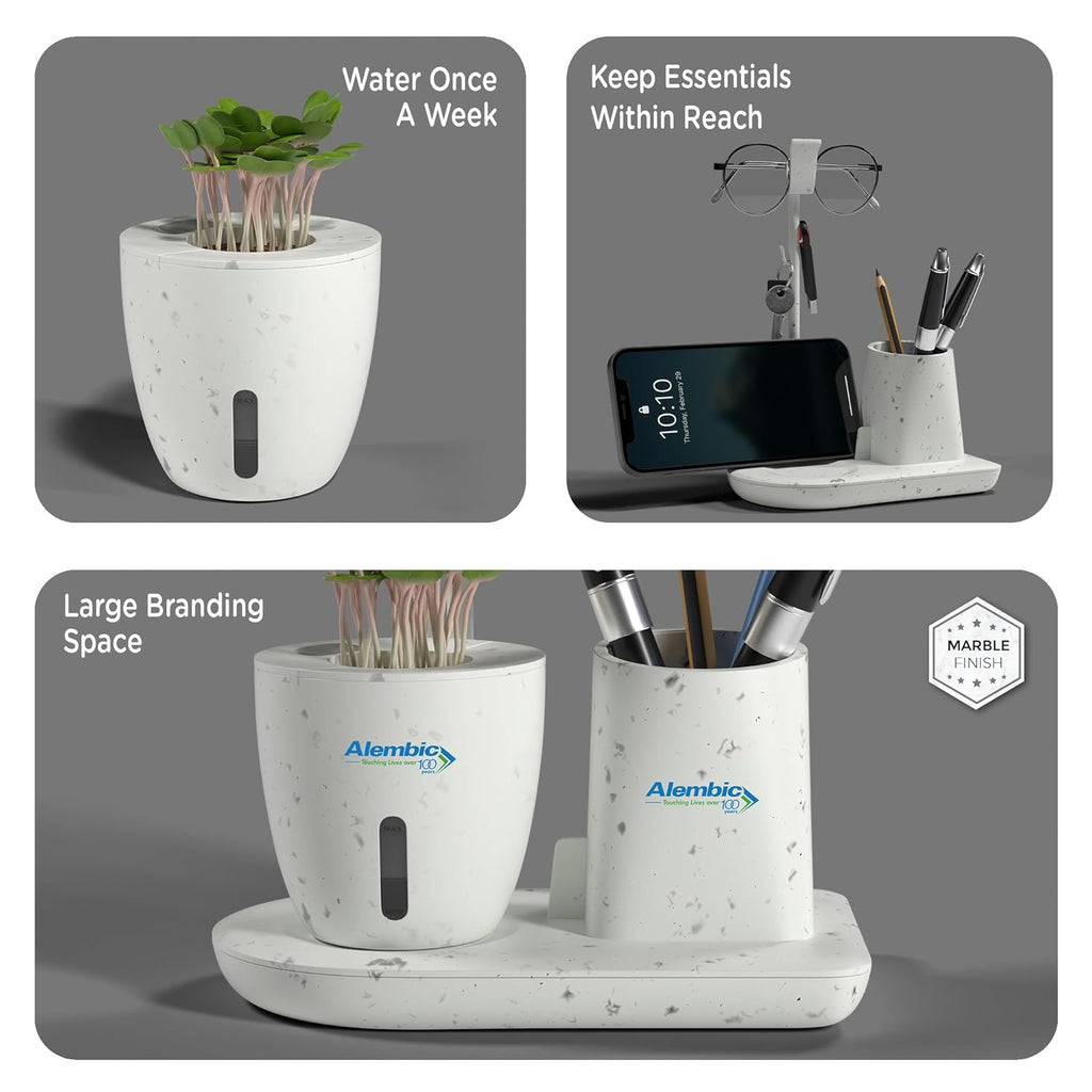 Desk Organizer with Self-Watering Plant Pot & Phone Holder, White