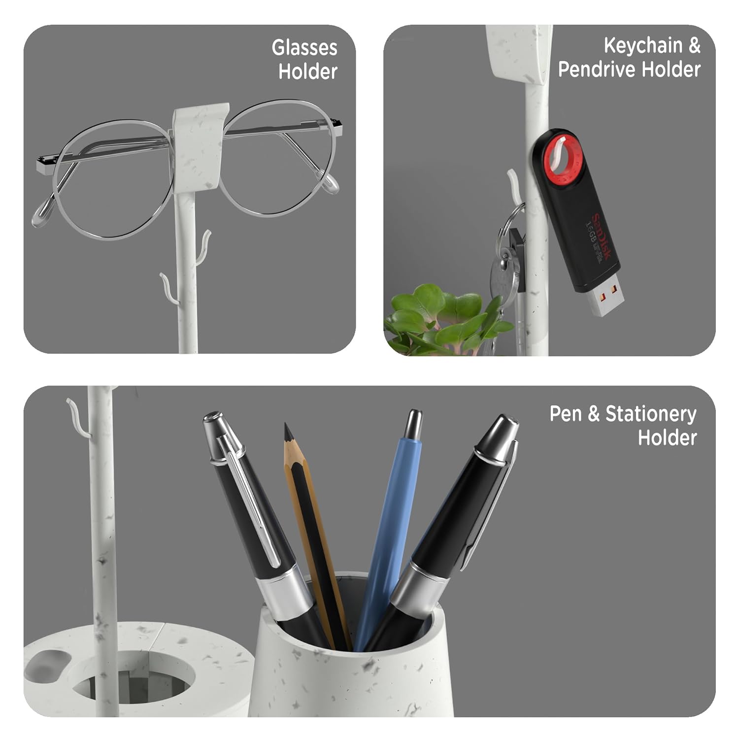 Desk Organizer with Self-Watering Plant Pot & Phone Holder, White