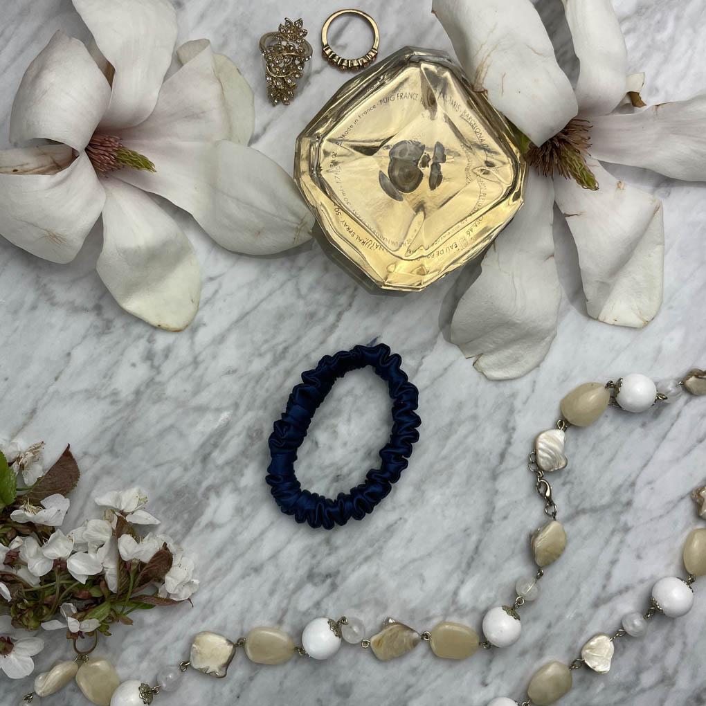 Navy Blue Silk Scrunchie - Skinny