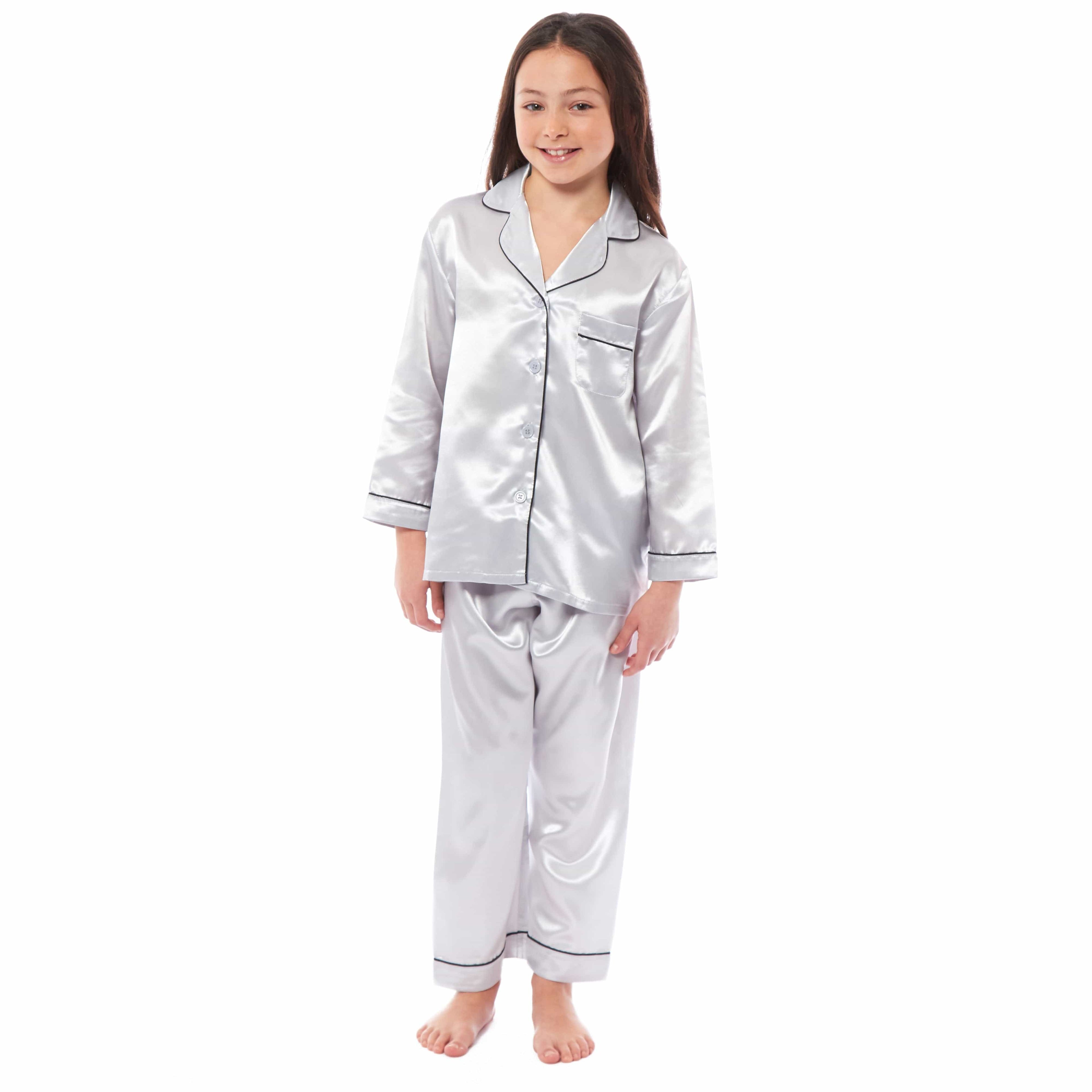 Girls Satin Silk Long Sleeve Pyjama Set Elegant Loungewear Cosy Nightwear Button-Down Shirt Loose-Fit Pants Black Pink Grey Sizes 5-14 by Daisy Dreamer