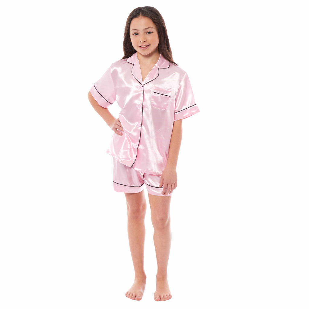 Girls Satin Silk Short Pyjama Set Button-Down Shirt and Loose-Fitting Pants Loungewear Nightwear for Ages 5-14 Black Pink Grey by Daisy Dreamer