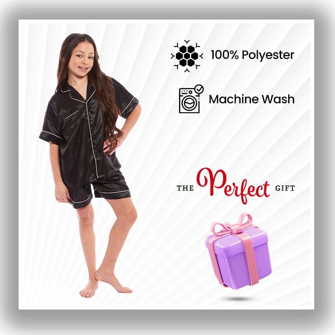 Girls Satin Silk Short Pyjama Set Button-Down Shirt and Loose-Fitting Pants Loungewear Nightwear for Ages 5-14 Black Pink Grey by Daisy Dreamer