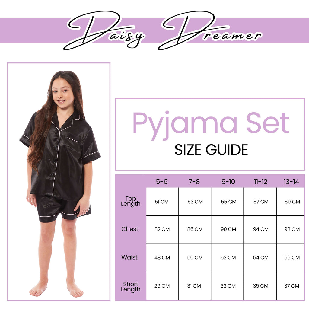Girls Satin Silk Short Pyjama Set Button-Down Shirt and Loose-Fitting Pants Loungewear Nightwear for Ages 5-14 Black Pink Grey by Daisy Dreamer