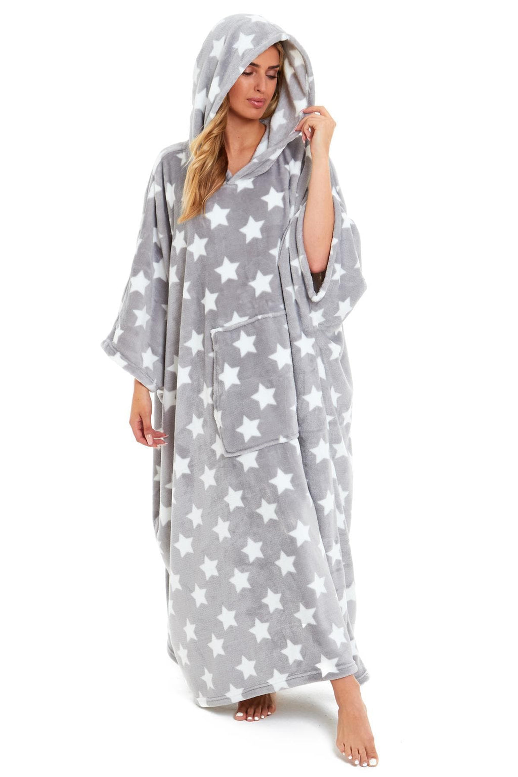 Oversized Hooded Fleece Poncho Blanket with Stars and Polka Dots Plush Wearable Blanket with Front Pocket for Adults Indoor Outdoor by Daisy Dreamer