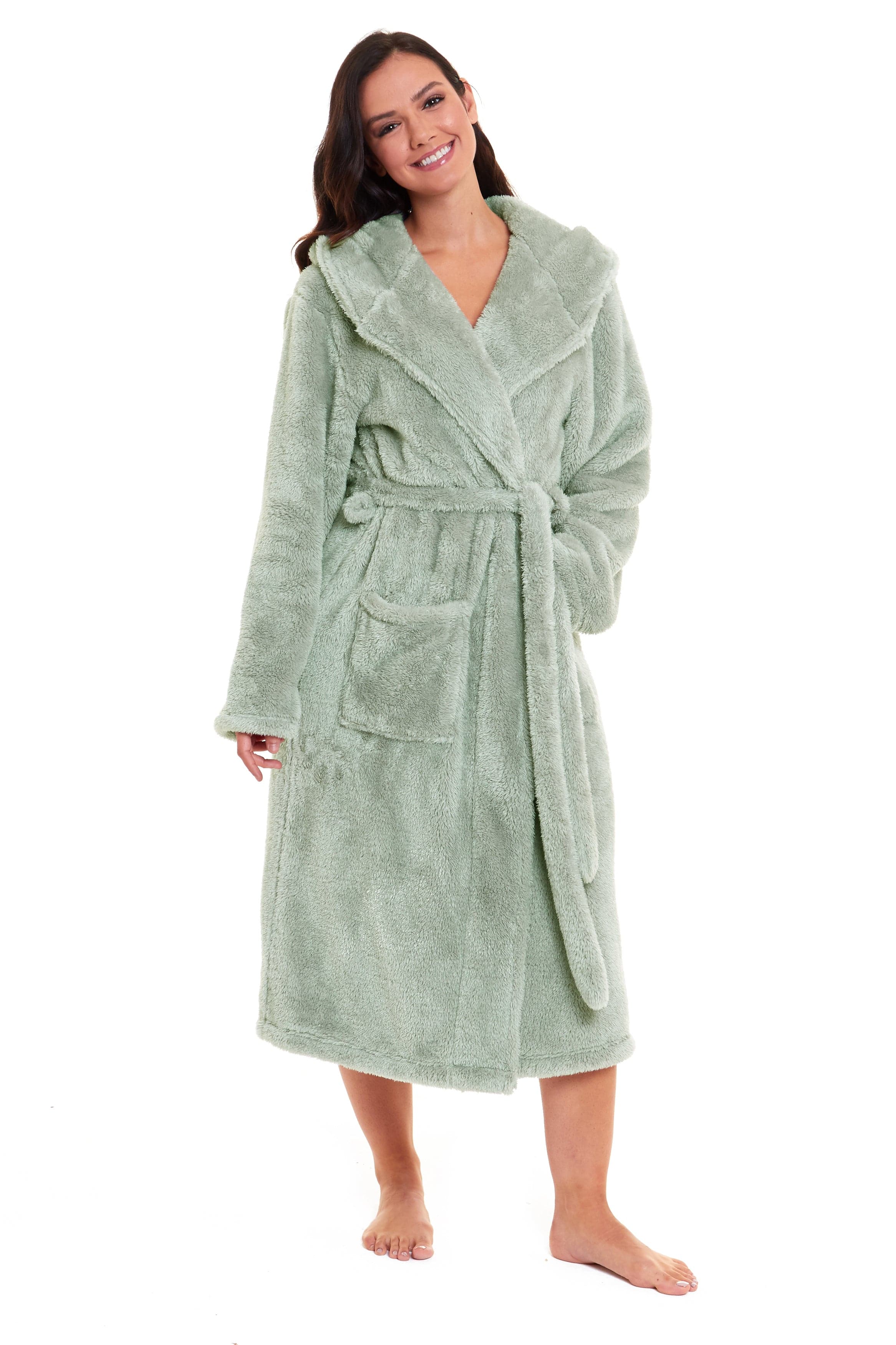 Women's Sage Green Snuggle Fleece Touch Hooded Robe Luxurious Soft Loungewear Cosy Durable Dressing Gown UK Sizes 8-22 by Daisy Dreamer