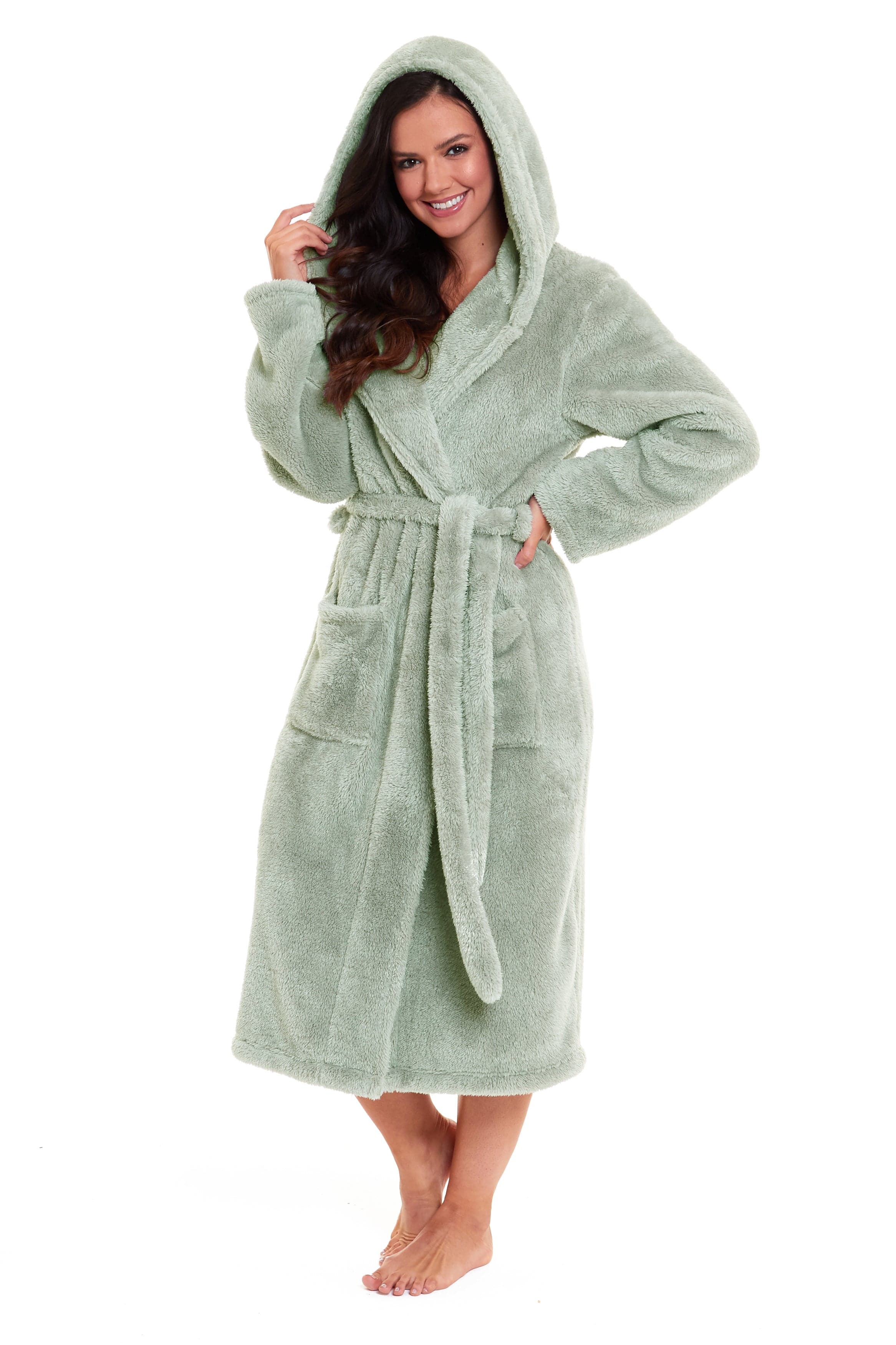 Women's Sage Green Snuggle Fleece Touch Hooded Robe Luxurious Soft Loungewear Cosy Durable Dressing Gown UK Sizes 8-22 by Daisy Dreamer