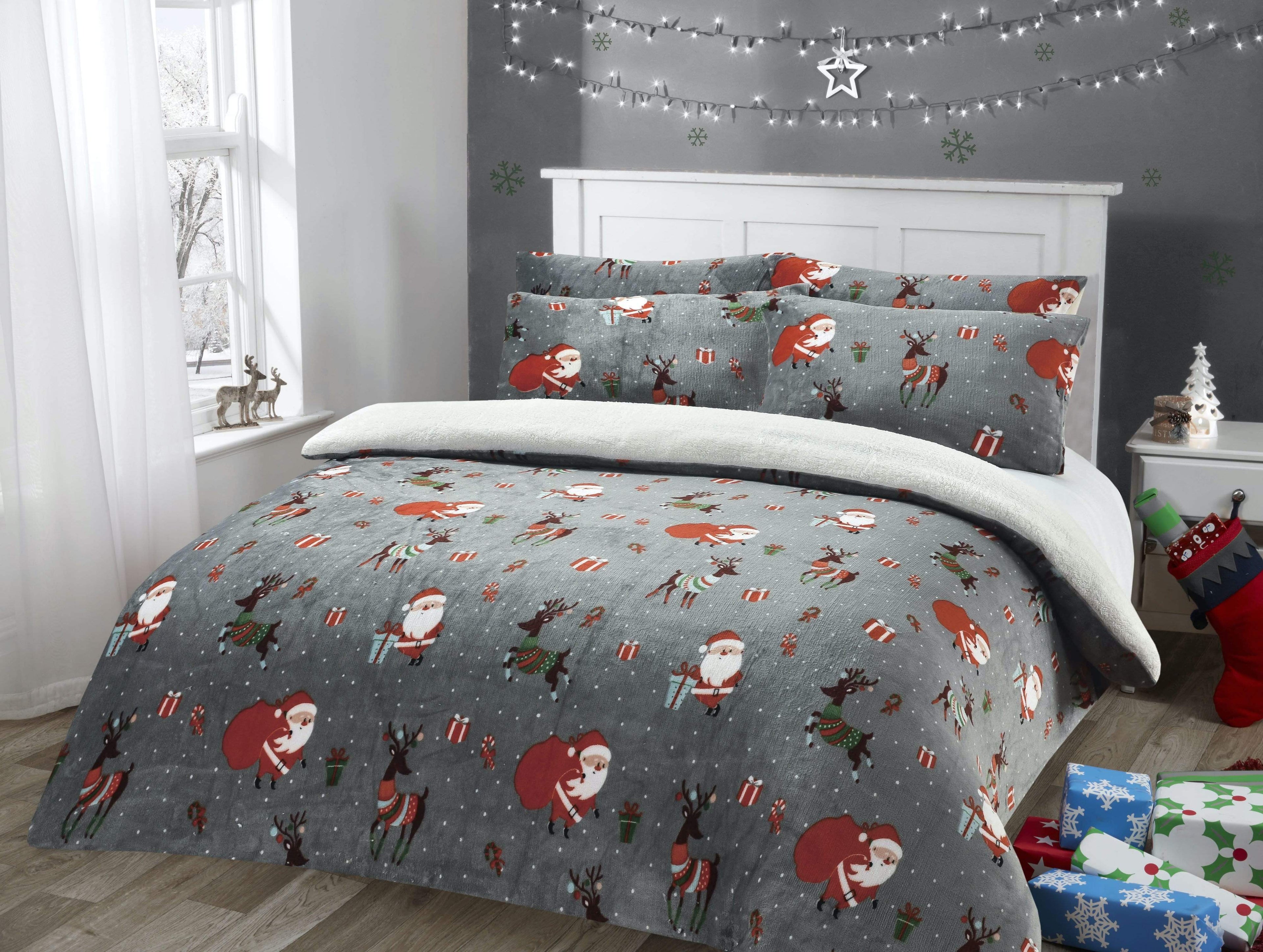 Santa Christmas Presents Reversible Teddy Fleece Duvet Cover Set Luxurious Faux Fur Bedding, Warm and Cozy Holiday Comfort OEKO-TEX Certified by OLIVIA ROCCO