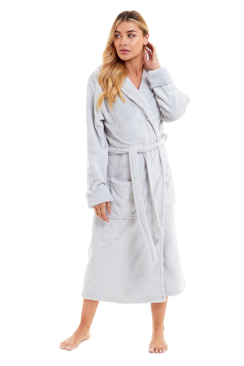 Super Soft Women's Faux Fur Hooded Bathrobe Plush Fleece Ultra-Absorbent Dressing Gown for Home Spa Gym Hotel in Pink or Grey Sizes S-XL by Daisy Dreamer