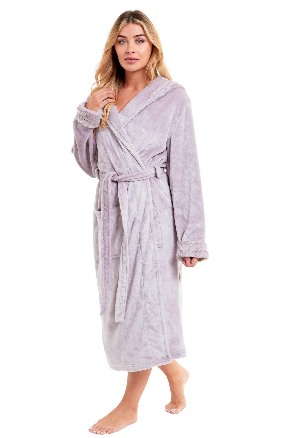 Super Soft Women's Faux Fur Hooded Bathrobe Plush Fleece Ultra-Absorbent Dressing Gown for Home Spa Gym Hotel in Pink or Grey Sizes S-XL by Daisy Dreamer