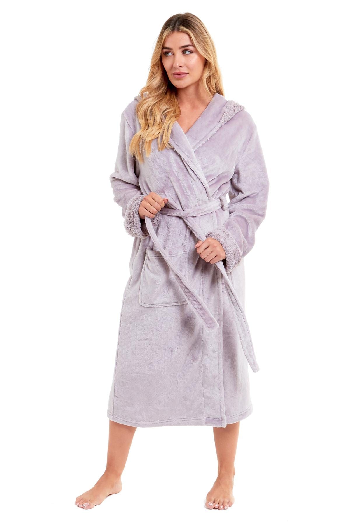 Super Soft Women's Faux Fur Hooded Bathrobe Plush Fleece Ultra-Absorbent Dressing Gown for Home Spa Gym Hotel in Pink or Grey Sizes S-XL by Daisy Dreamer