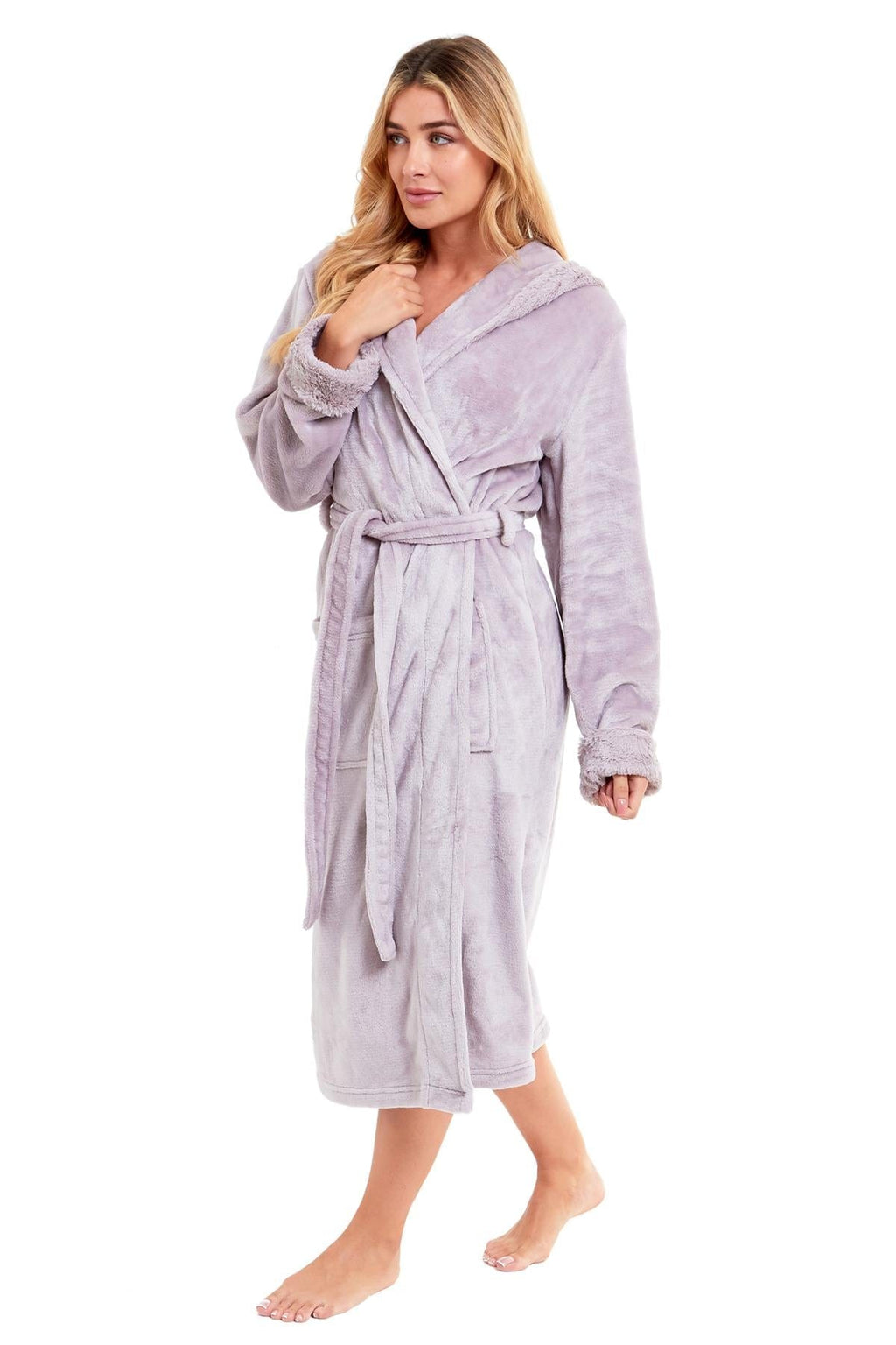 Super Soft Women's Faux Fur Hooded Bathrobe Plush Fleece Ultra-Absorbent Dressing Gown for Home Spa Gym Hotel in Pink or Grey Sizes S-XL by Daisy Dreamer