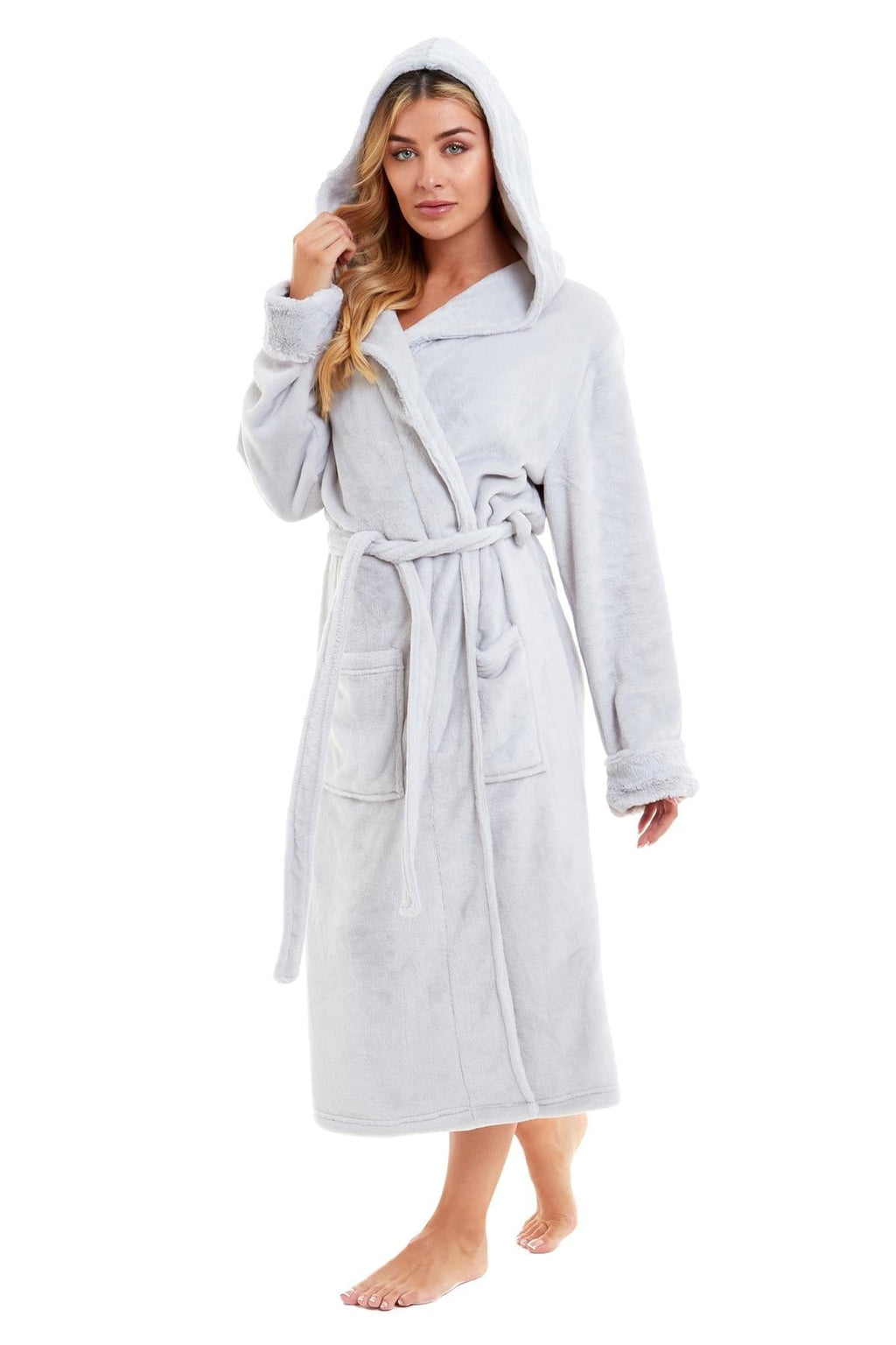 Super Soft Women's Faux Fur Hooded Bathrobe Plush Fleece Ultra-Absorbent Dressing Gown for Home Spa Gym Hotel in Pink or Grey Sizes S-XL by Daisy Dreamer