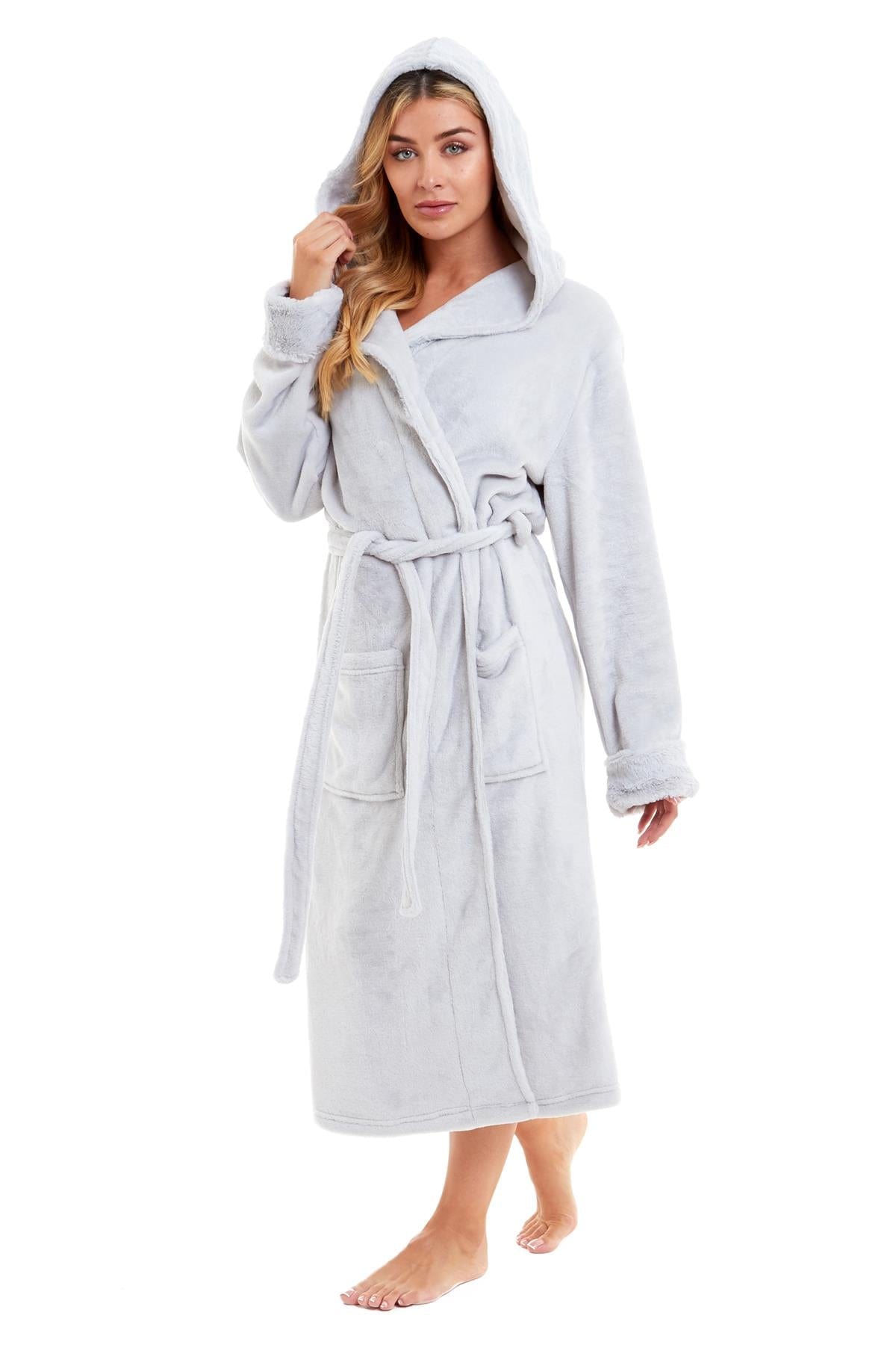 Super Soft Women's Faux Fur Hooded Bathrobe Plush Fleece Ultra-Absorbent Dressing Gown for Home Spa Gym Hotel in Pink or Grey Sizes S-XL by Daisy Dreamer