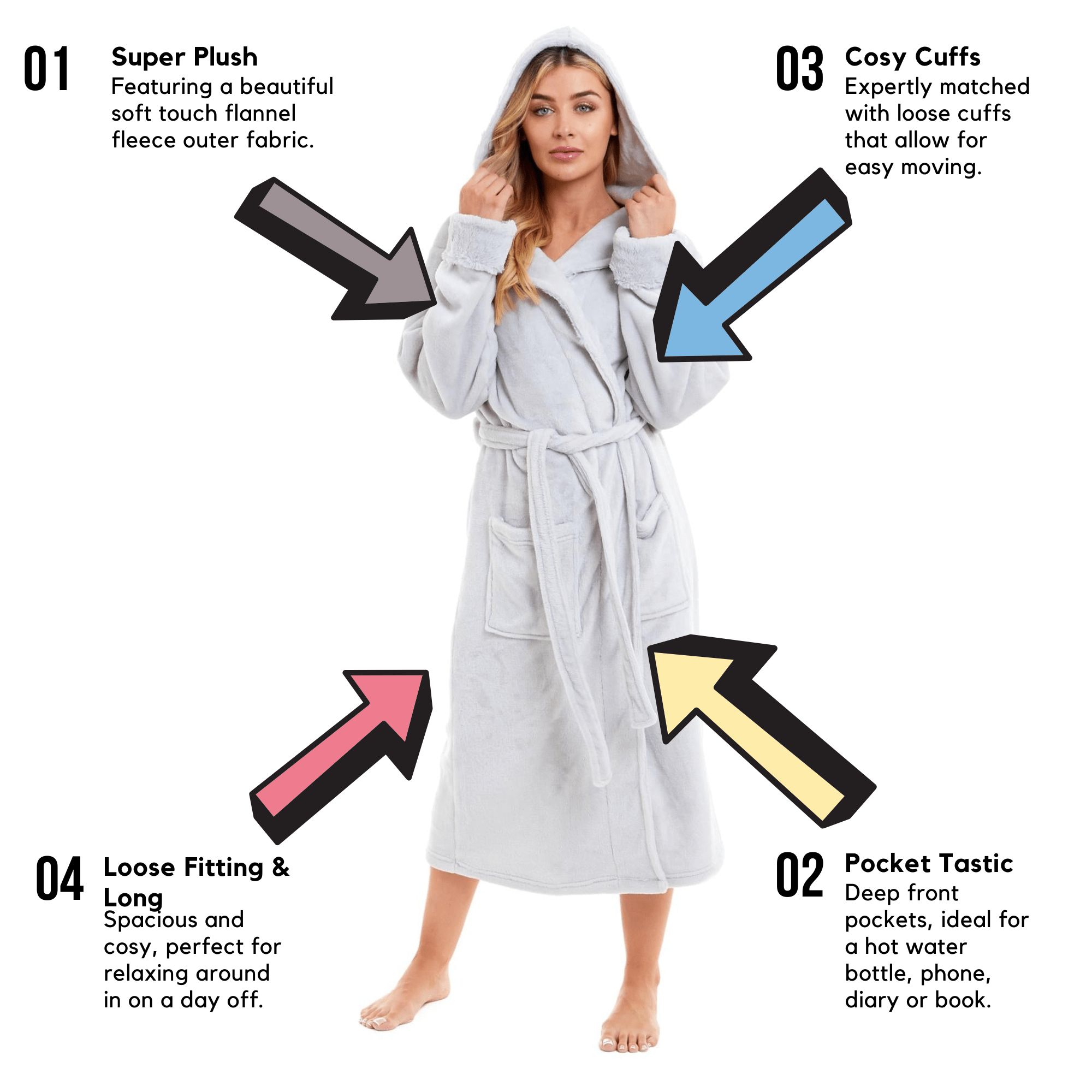 Super Soft Women's Faux Fur Hooded Bathrobe Plush Fleece Ultra-Absorbent Dressing Gown for Home Spa Gym Hotel in Pink or Grey Sizes S-XL by Daisy Dreamer