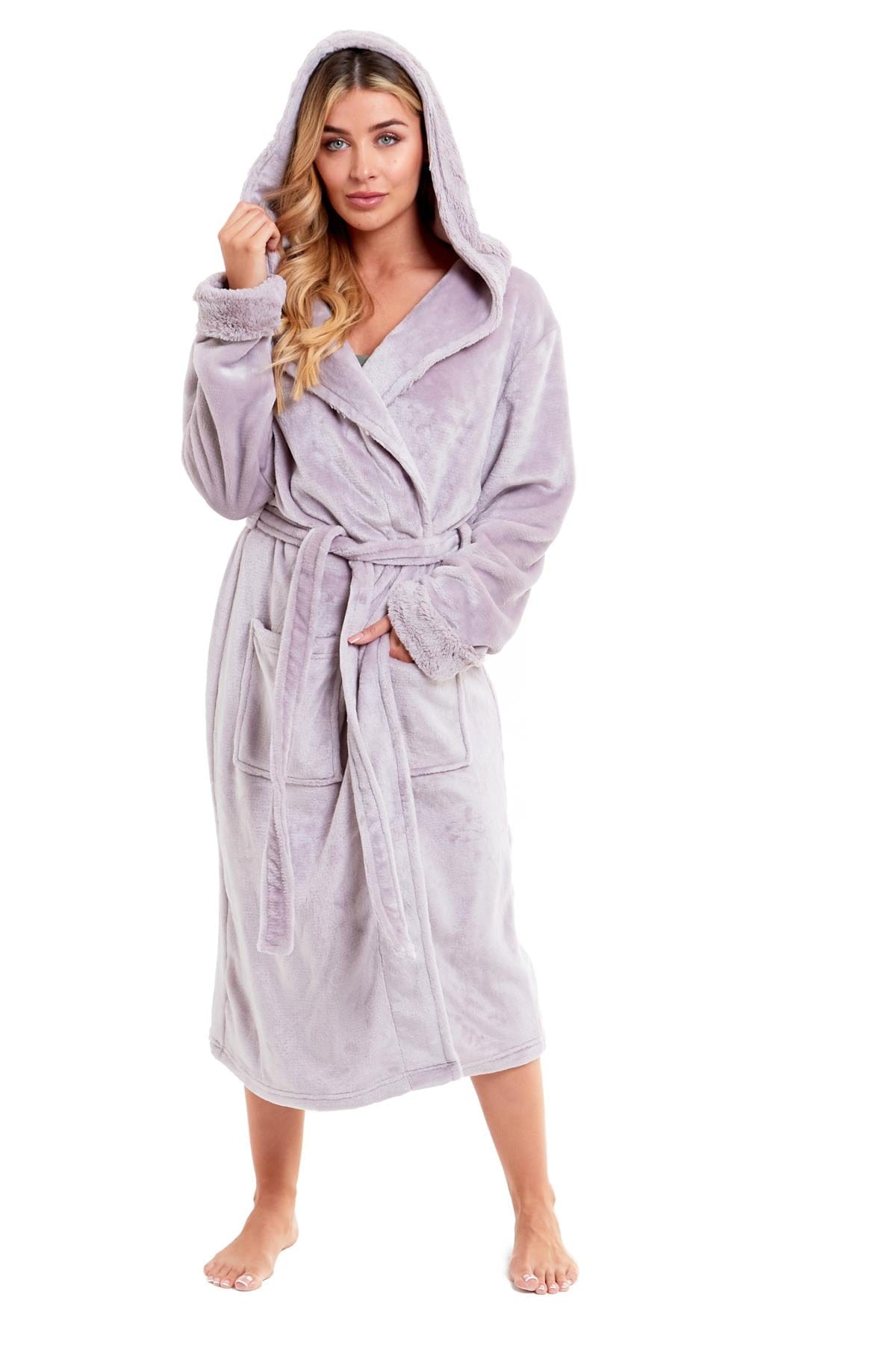 Super Soft Women's Faux Fur Hooded Bathrobe Plush Fleece Ultra-Absorbent Dressing Gown for Home Spa Gym Hotel in Pink or Grey Sizes S-XL by Daisy Dreamer
