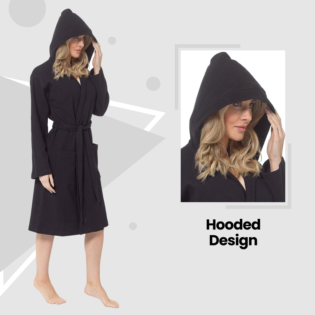 Women's Hooded Waffle Cotton Bathrobe Black Super Absorbent Spa Dressing Gown for Home Lounge & Travel by Daisy Dreamer
