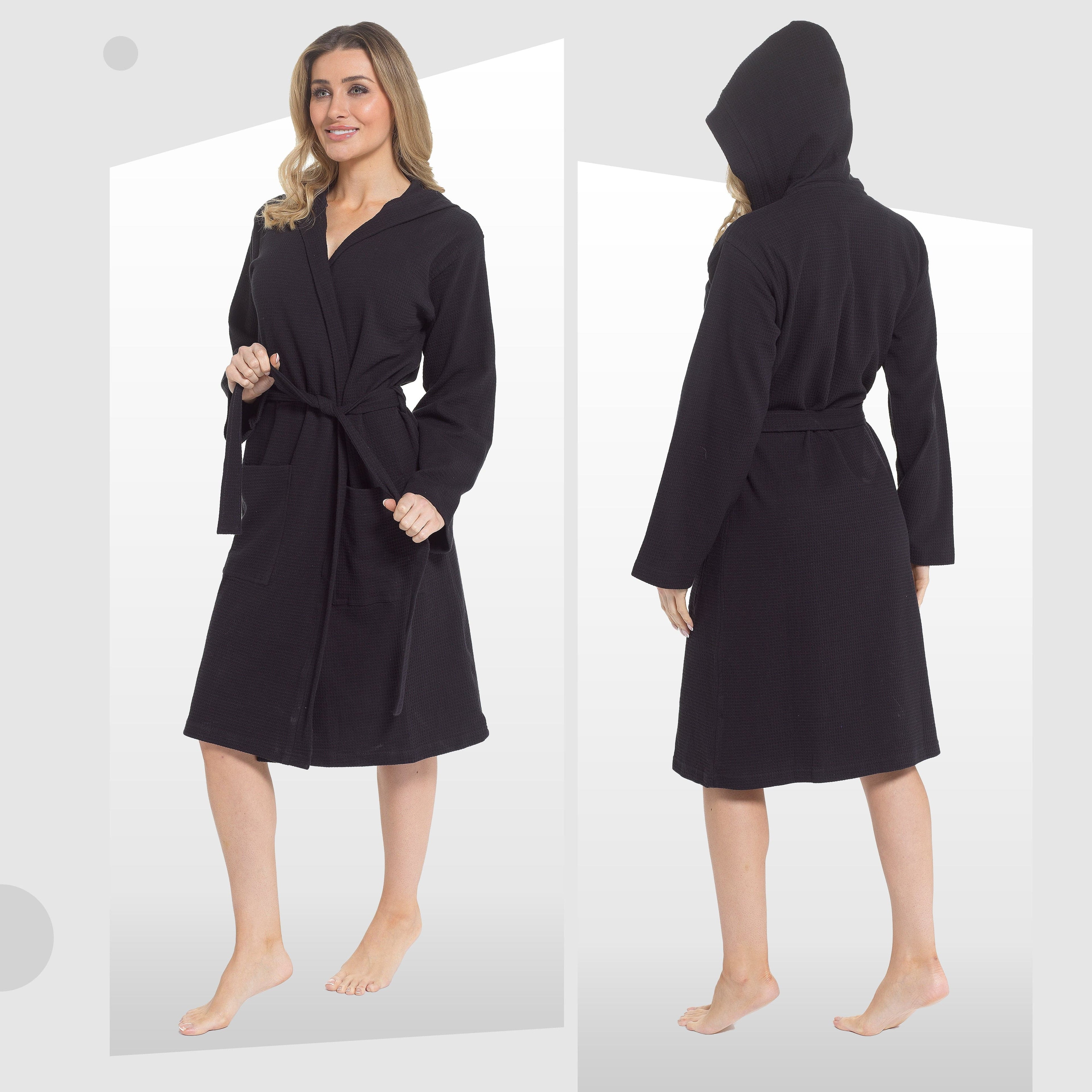 Women's Hooded Waffle Cotton Bathrobe Black Super Absorbent Spa Dressing Gown for Home Lounge & Travel by Daisy Dreamer