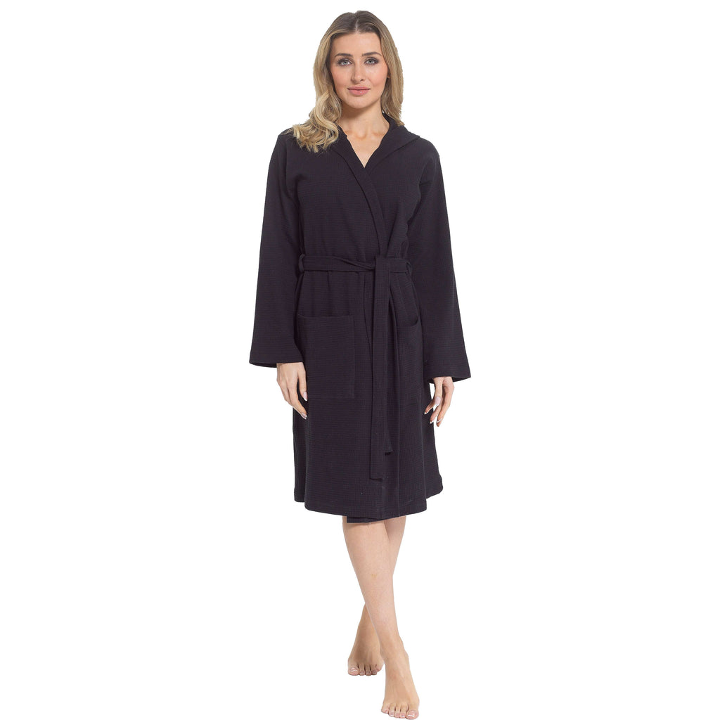 Women's Hooded Waffle Cotton Bathrobe Black Super Absorbent Spa Dressing Gown for Home Lounge & Travel by Daisy Dreamer