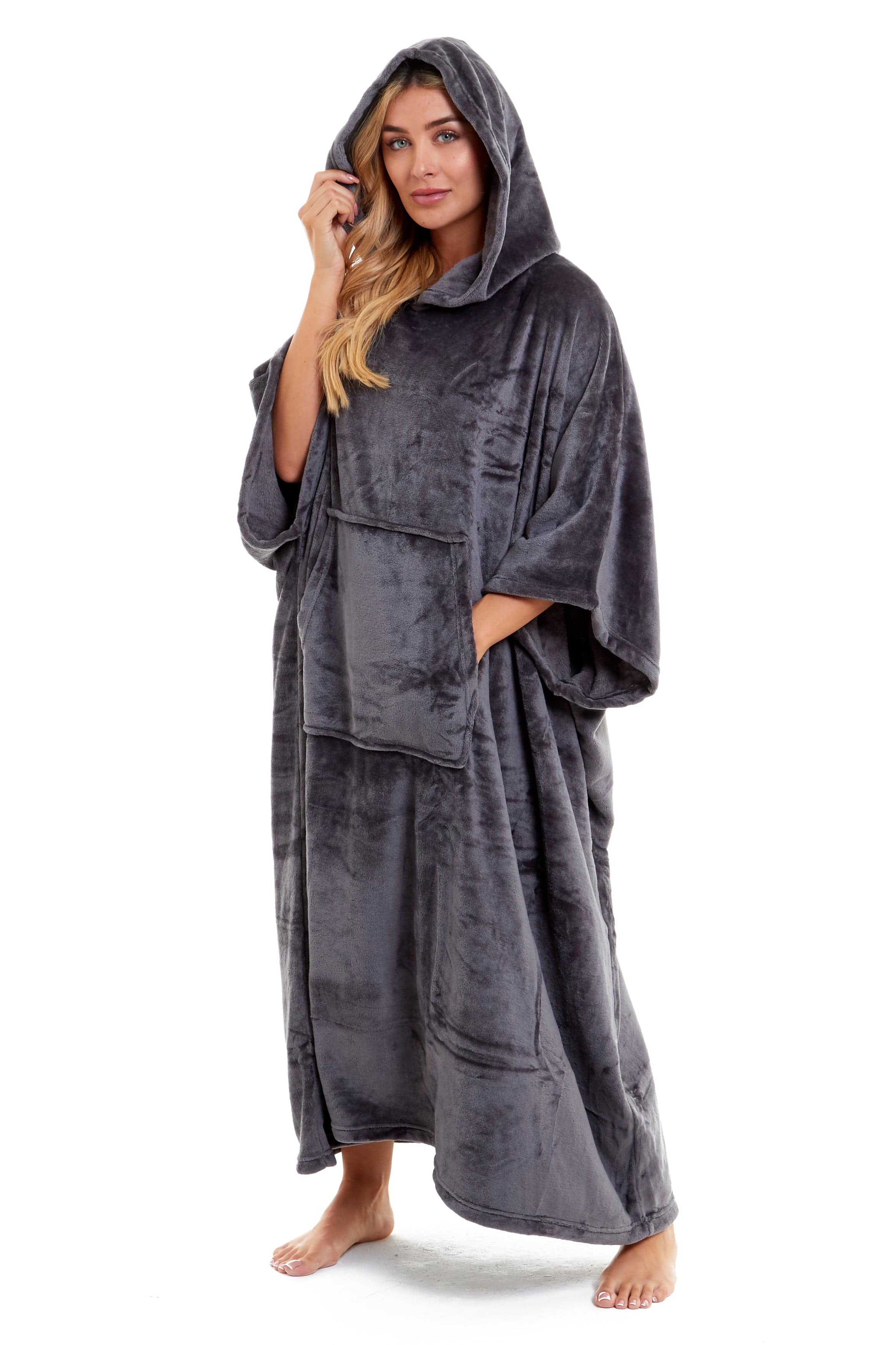 Women's Oversized Hooded Poncho Blanket Ultra-Soft Plush Fleece Giant Hoodie Sweatshirt Navy and Charcoal Lounge Wear with Double Front Pocket for Indoor and Outdoor Use by Daisy Dreamer