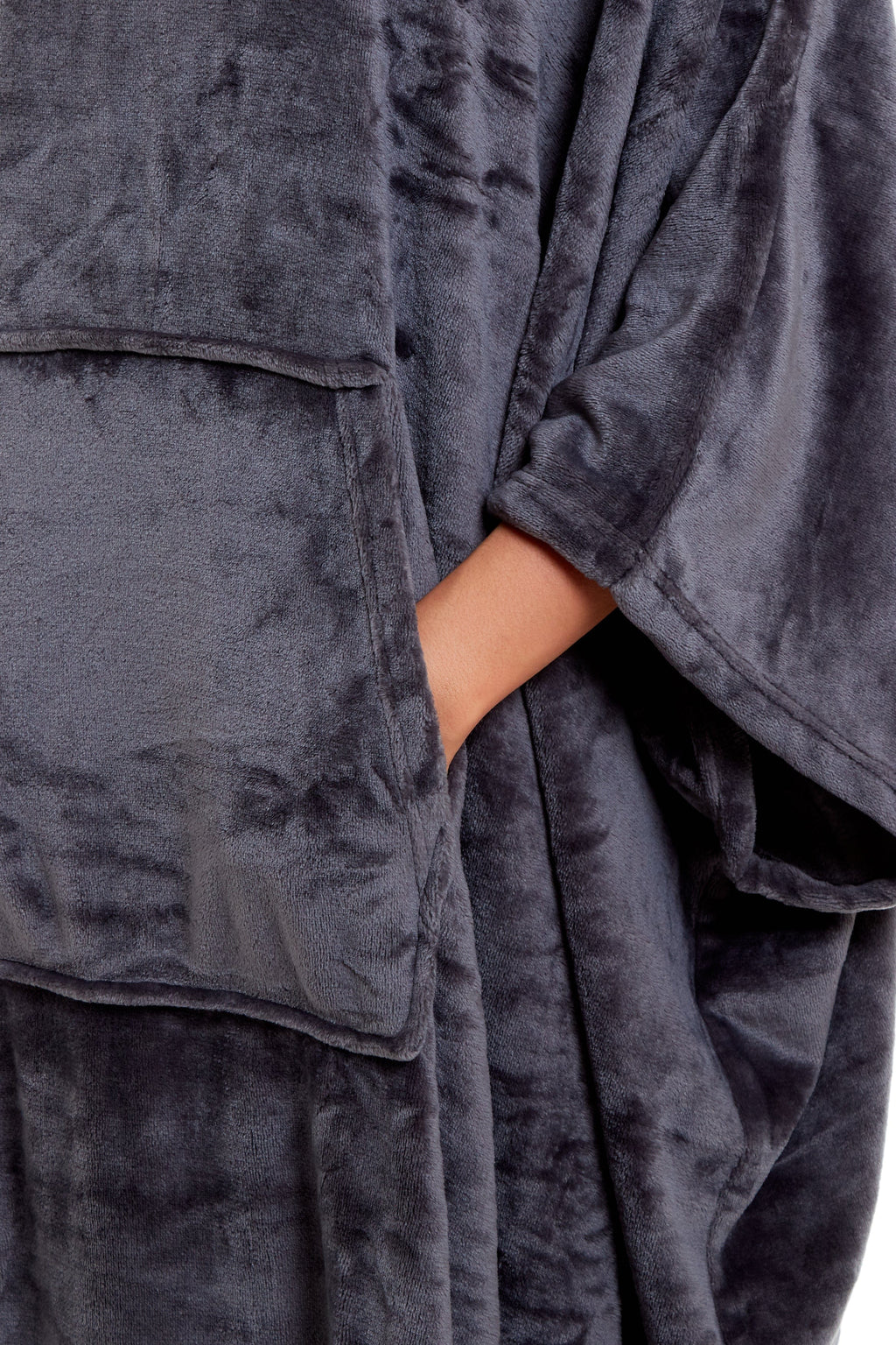Women's Oversized Hooded Poncho Blanket Ultra-Soft Plush Fleece Giant Hoodie Sweatshirt Navy and Charcoal Lounge Wear with Double Front Pocket for Indoor and Outdoor Use by Daisy Dreamer