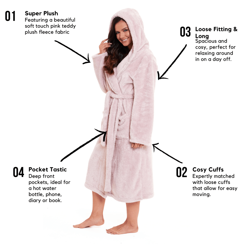 Women's Pink Snuggle Fleece Touch Hooded Robe Luxurious Soft Loungewear Cosy Durable Dressing Gown UK Sizes 8-22 by Daisy Dreamer