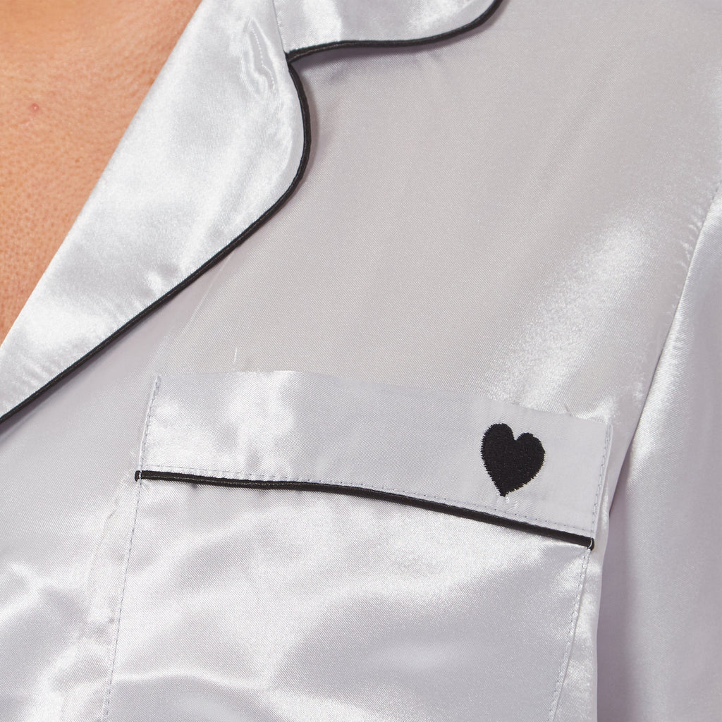 Women's Satin Silk Luxurious Pyjama Set with Dress Shirt Collar and Loose-Fitting Pants in Black Pink Grey by Daisy Dreamer