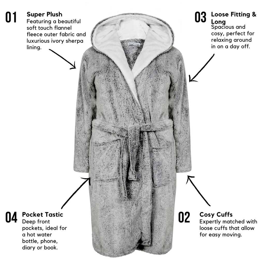 Women's Shimmer Grey Plush Fleece Hooded Robe with Ultra-Soft Sherpa Lining for Luxurious Loungewear and Nightwear by Daisy Dreamer
