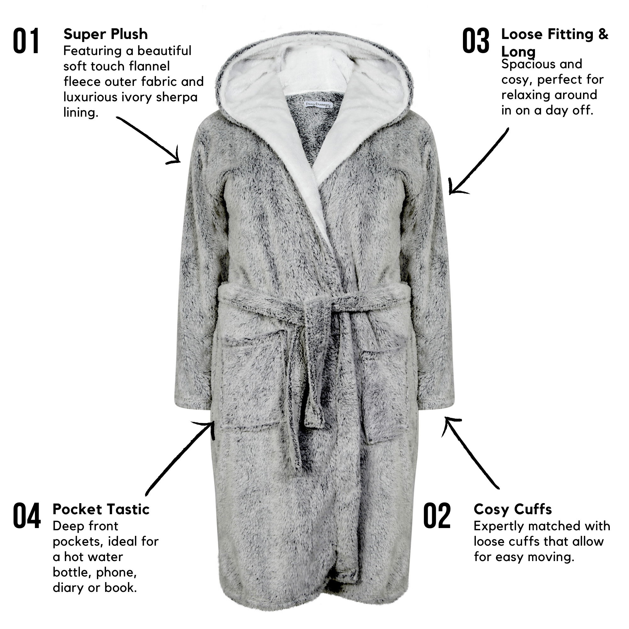 Women's Shimmer Grey Plush Fleece Hooded Robe with Ultra-Soft Sherpa Lining for Luxurious Loungewear and Nightwear by Daisy Dreamer
